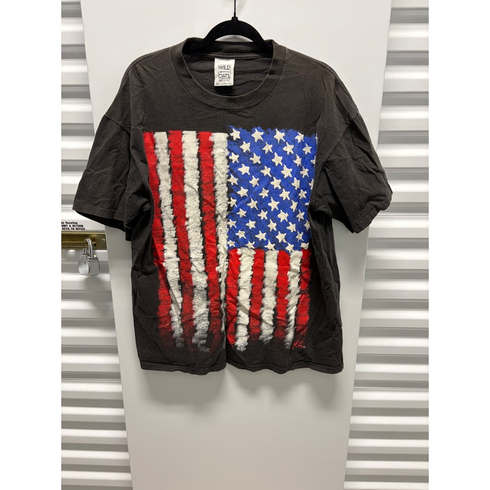 Vintage Wild Oats American Flag T Shirt Mens Large Black USA Graphic Good